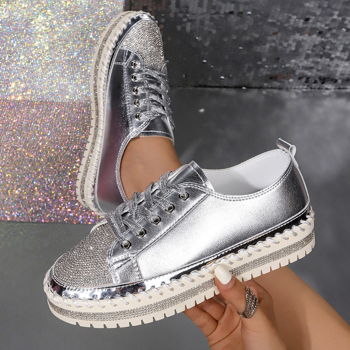 Ladies' Glamorous Sneakers with Sparkling Rhinestones and Trendy Profile Sole