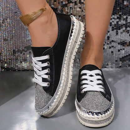 Ladies' Glamorous Sneakers with Sparkling Rhinestones and Trendy Profile Sole