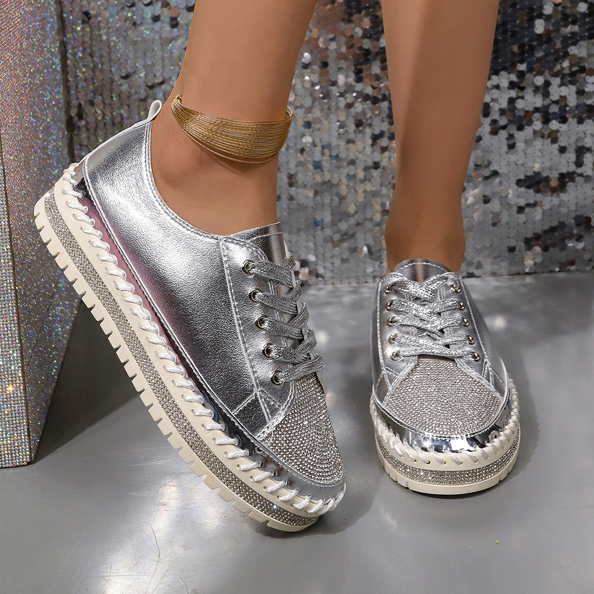 Ladies' Glamorous Sneakers with Sparkling Rhinestones and Trendy Profile Sole