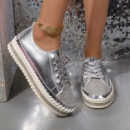 Ladies' Glamorous Sneakers with Sparkling Rhinestones and Trendy Profile Sole
