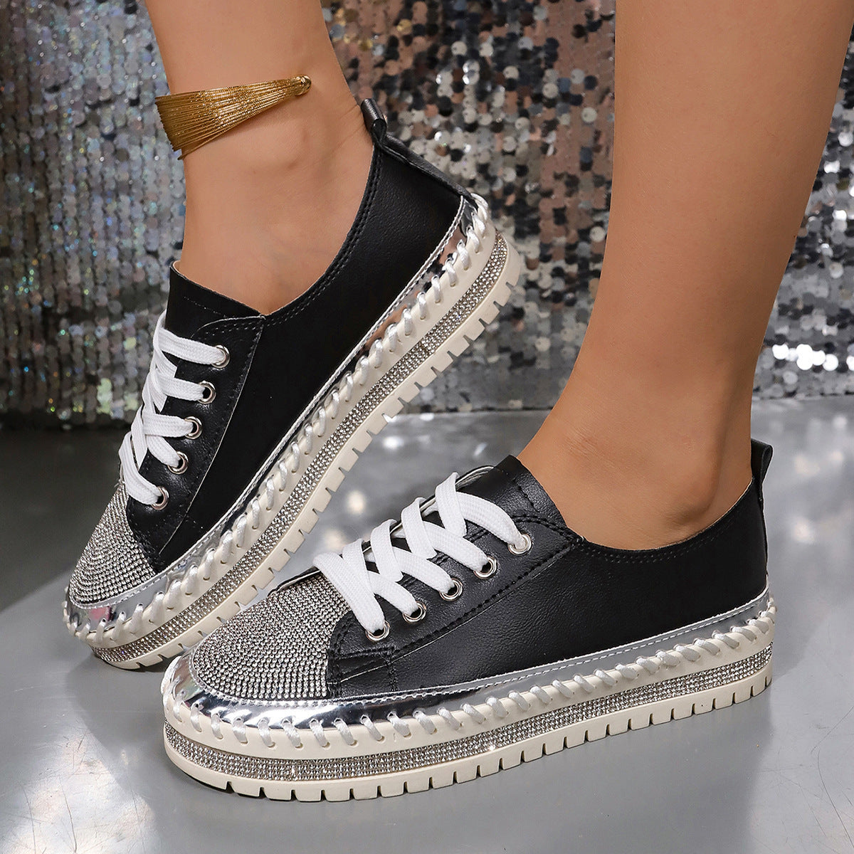 Ladies' Glamorous Sneakers with Sparkling Rhinestones and Trendy Profile Sole