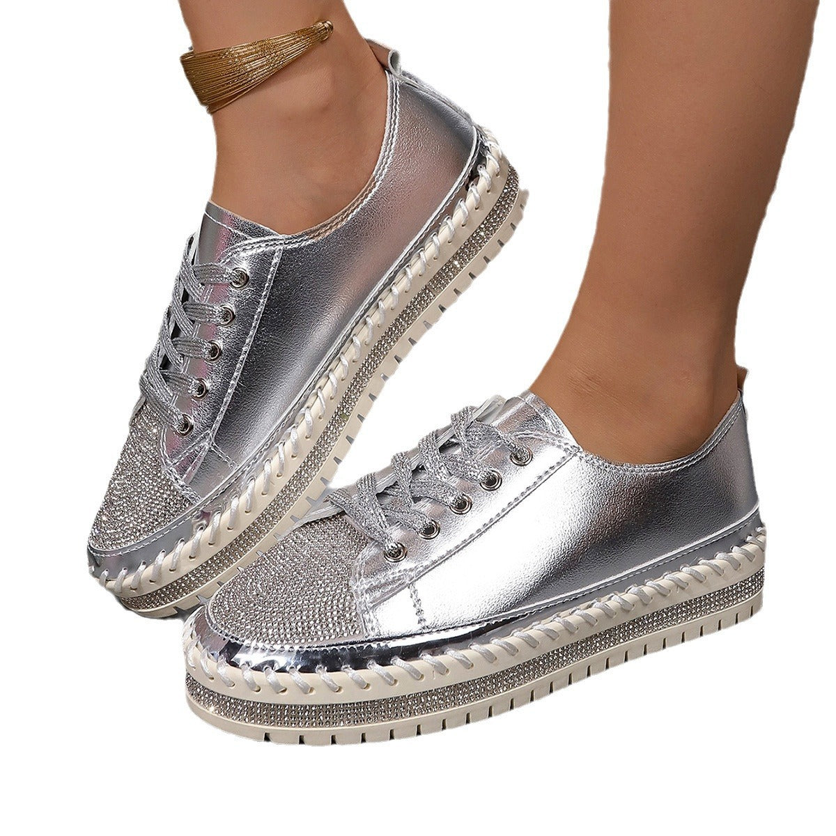 Ladies' Glamorous Sneakers with Sparkling Rhinestones and Trendy Profile Sole